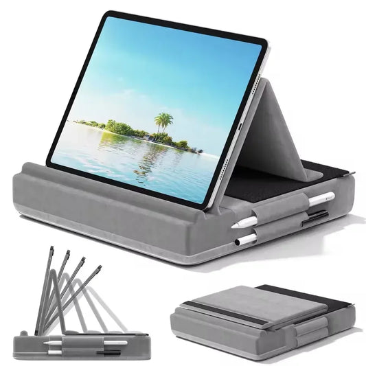Foldable Tablet Pillow Stand – With Storage & Stylus Mount