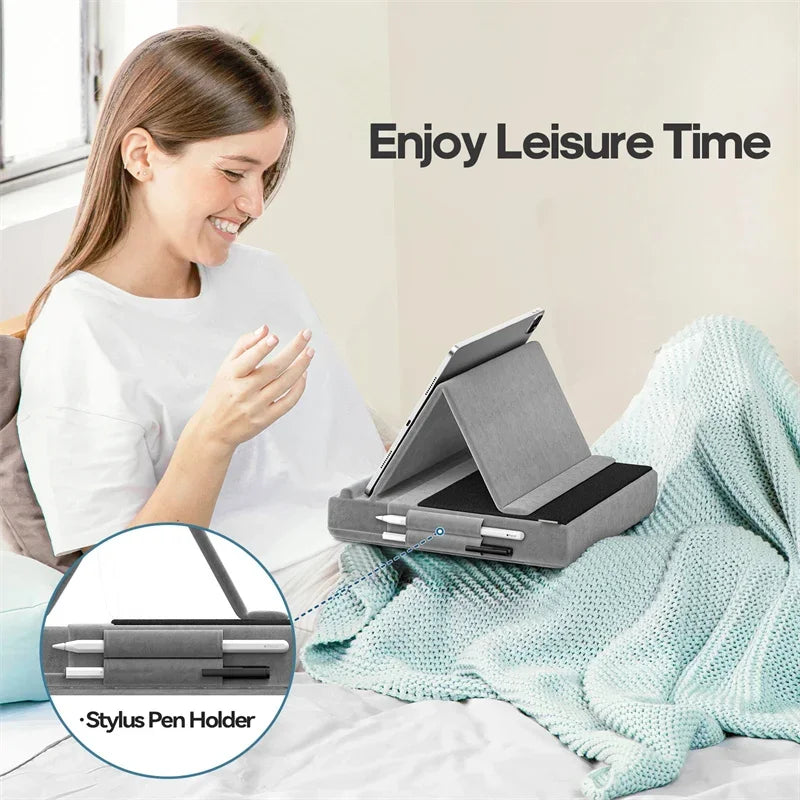 Foldable Tablet Pillow Stand – With Storage & Stylus Mount