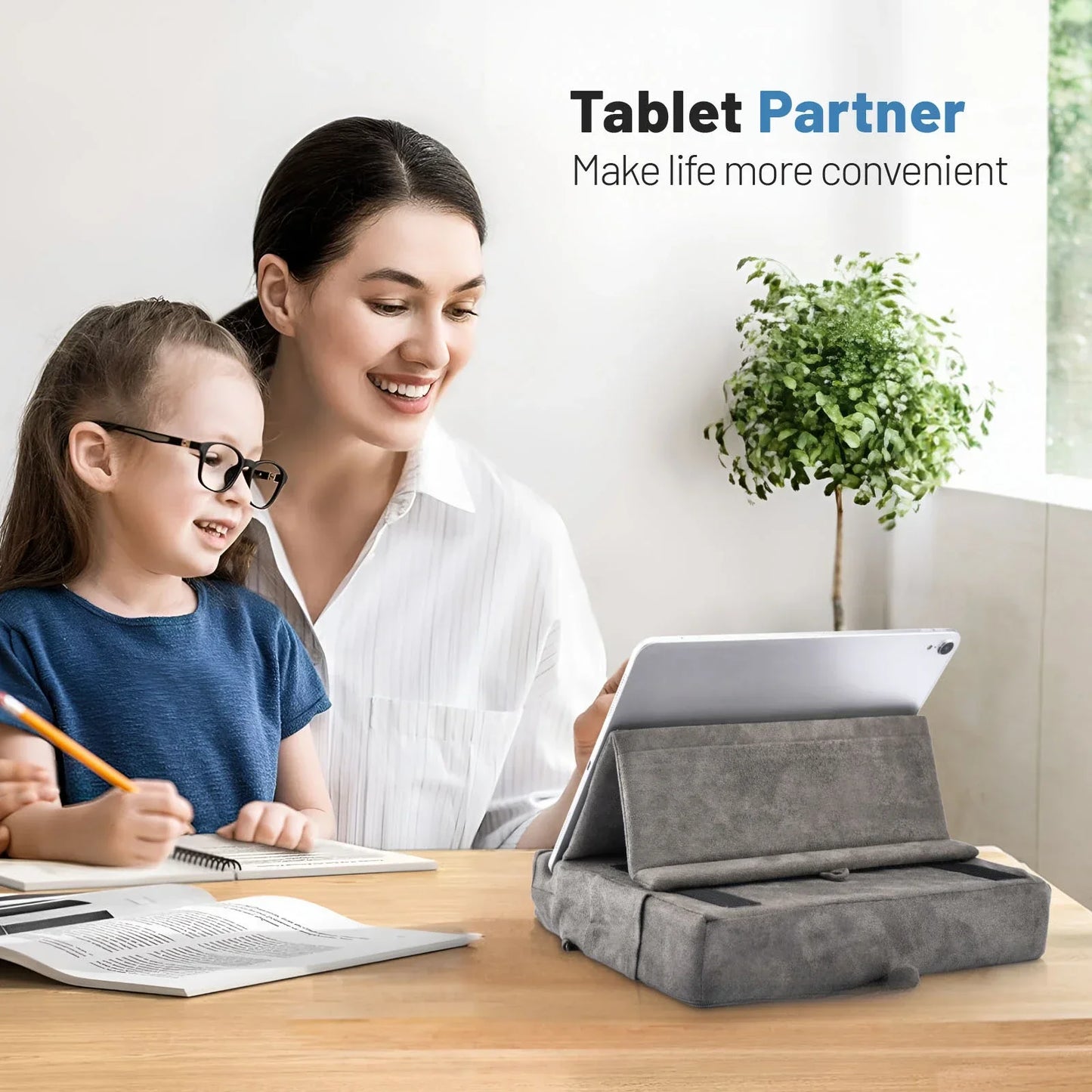 Foldable Tablet Pillow Stand – With Storage & Stylus Mount