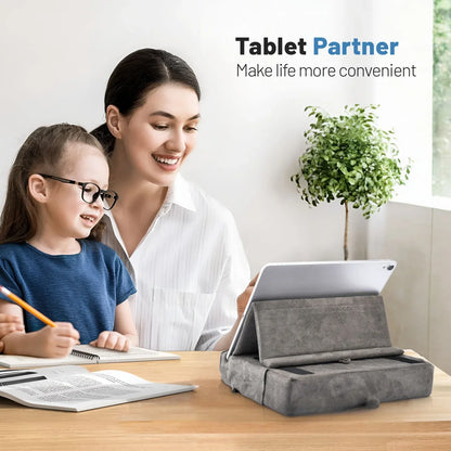 Foldable Tablet Pillow Stand – With Storage & Stylus Mount