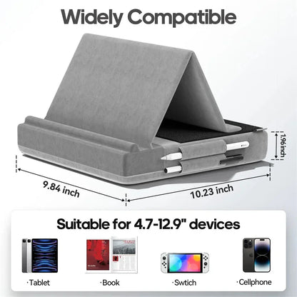 Foldable Tablet Pillow Stand – With Storage & Stylus Mount