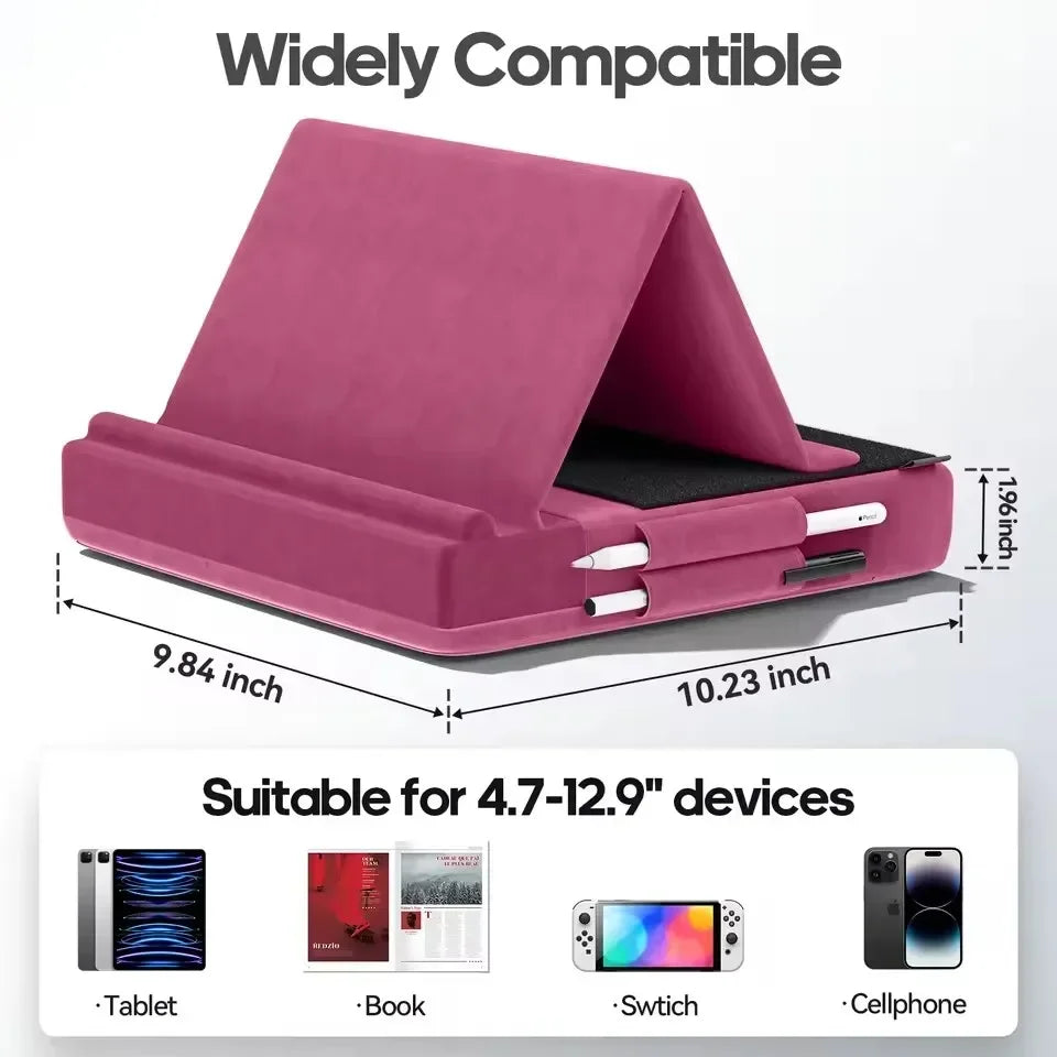Foldable Tablet Pillow Stand – With Storage & Stylus Mount