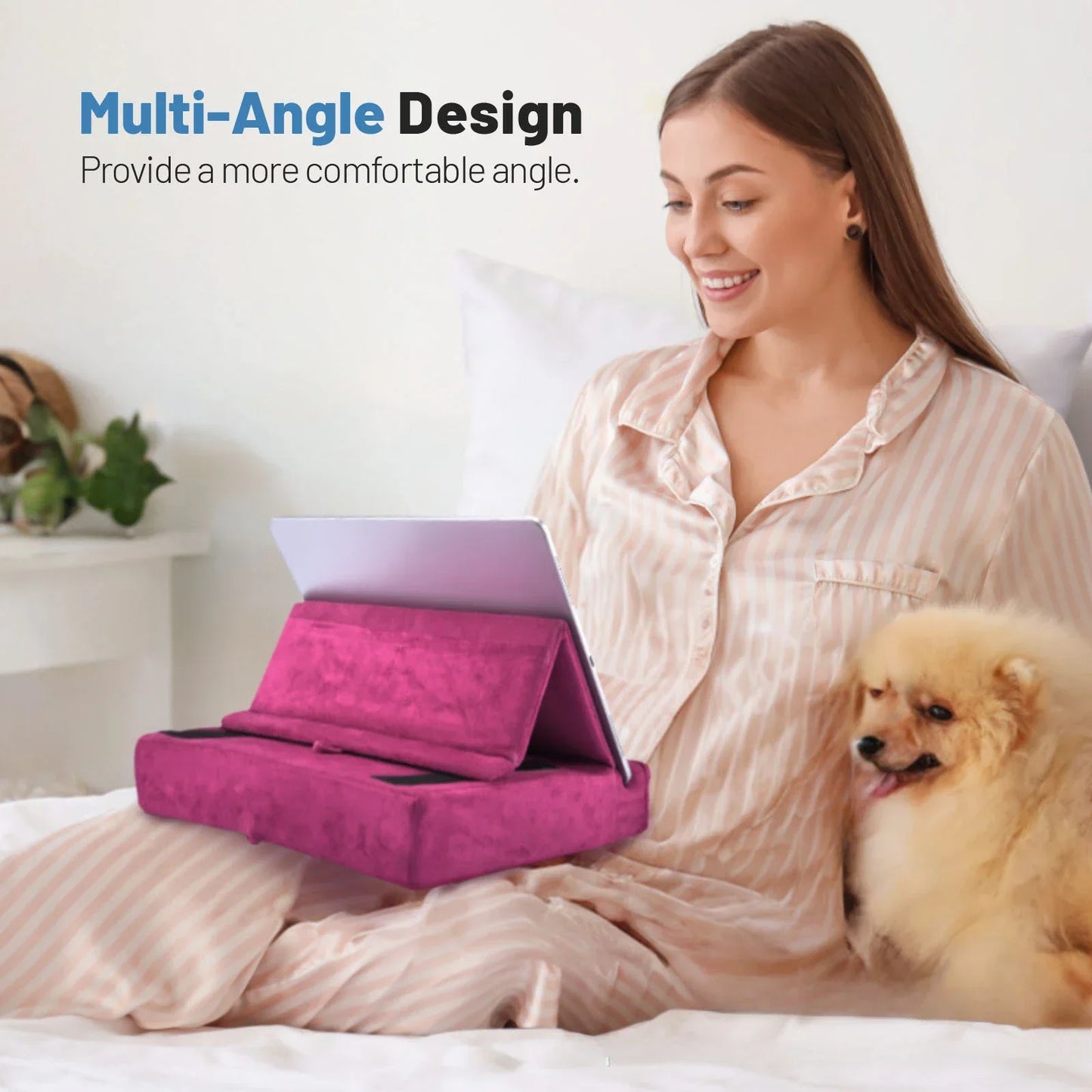 Foldable Tablet Pillow Stand – With Storage & Stylus Mount